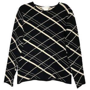 Doncaster - Black and Ivory/Cream Diamond Plaid Round Neck Sweater - Size Medium